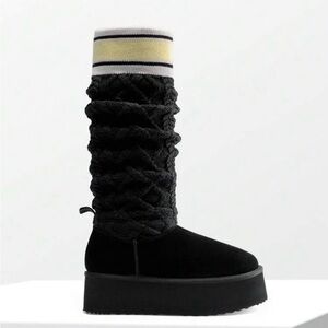 Women's Black Sweater Knit Platform Boot with Yellow Stripe Cuff